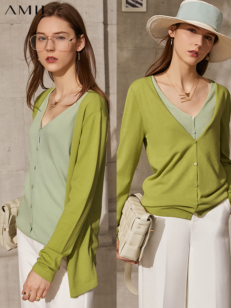 different price Amii Minimalism Spring New Cardigan For Women Fashion Vneck Patchwork Single Breasted Women's Sweaters Tops 12140131