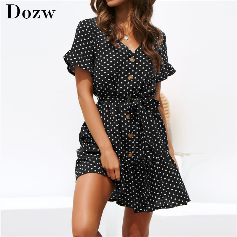 Summer Chiffon Dress Polka Dot Boho Beach Dress Vintage Ruffles Short Sleeve A-Line Party Mini Dress Sundress Vestidos