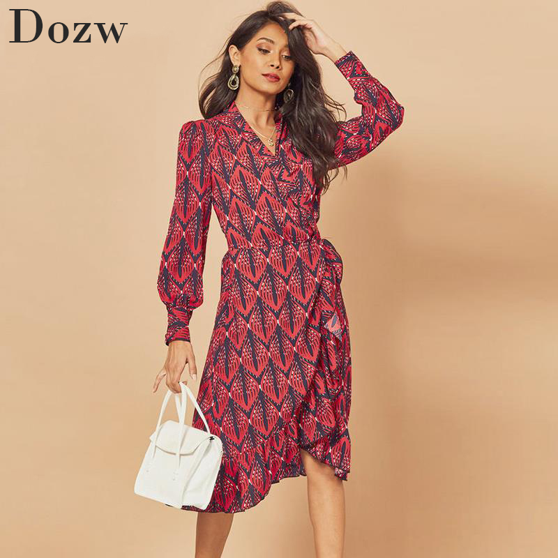 2020 New Women Print Ruffle Dress Spring Autumn Lantern Long Sleeve V Neck Midi Dresses Causal Sashes Ladies Irregular Hem Dress