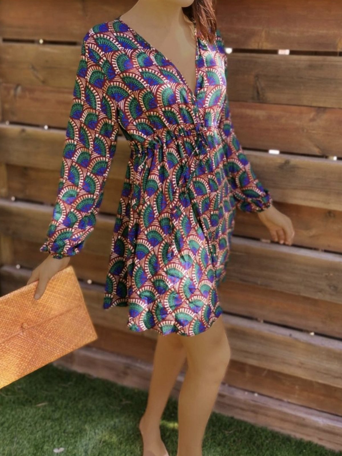 Mysterious Peacock Blue Boho Geometric Vintage Long Sleeve Dresses