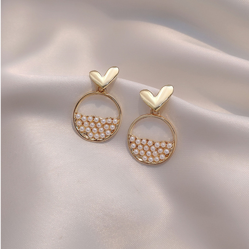 韩国S925银针小清新耳环百搭气质心形珍珠耳饰个性防过敏耳钉批发