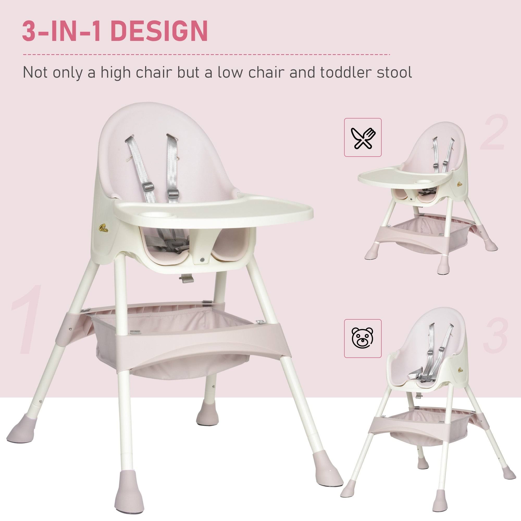 Qaba Baby High Chair 3-in-1 Kids Toddler Seat with 5-Point Safety Harness, Removable Food Tray, Flexible Design - Pink