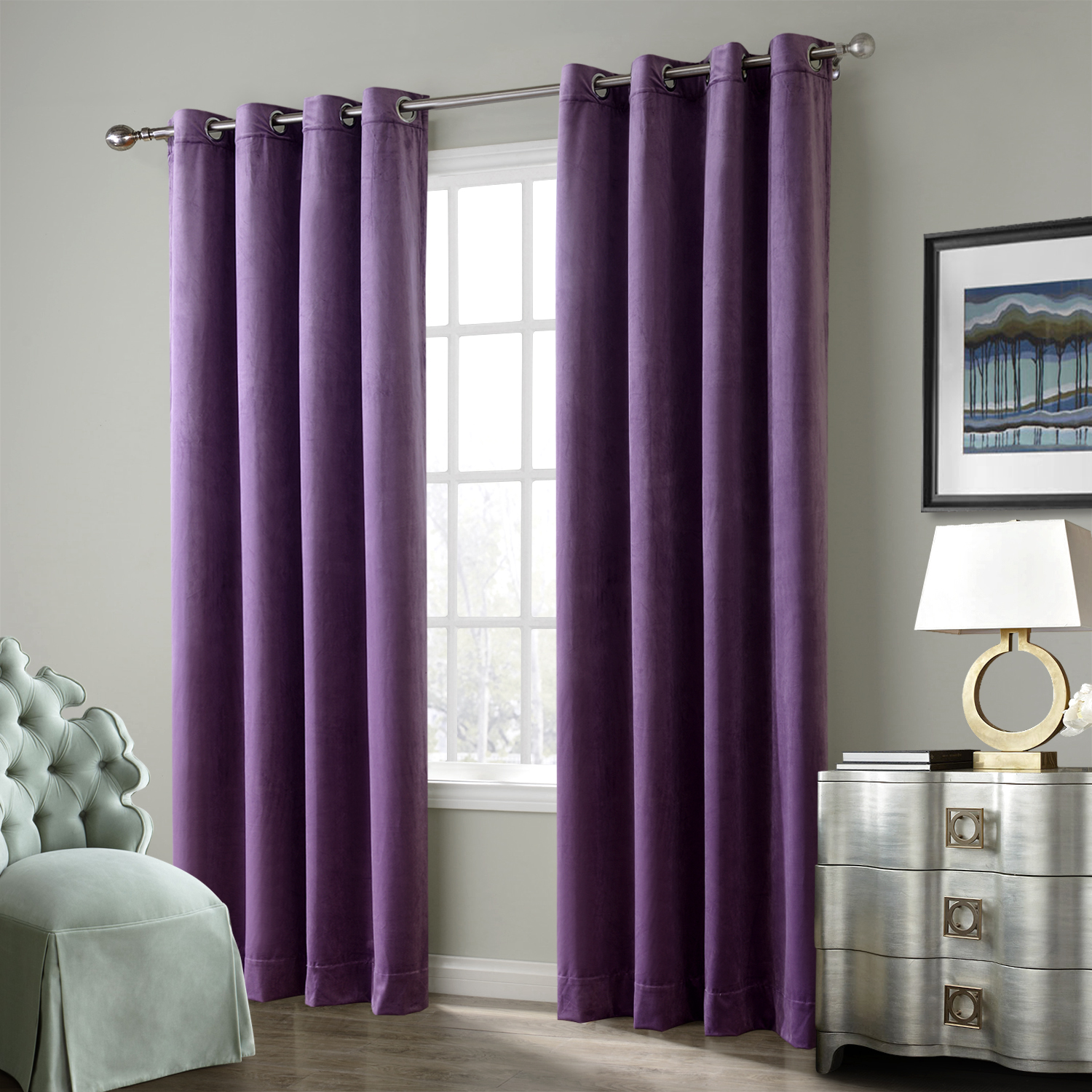 Nickel Grommet Velvet Curtain Drape Panel with Blackout Lined Birkin