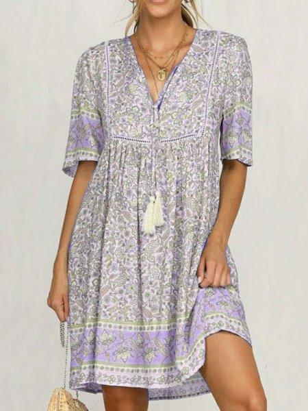 Light Blue Half Sleeve Cotton-Blend Dresses