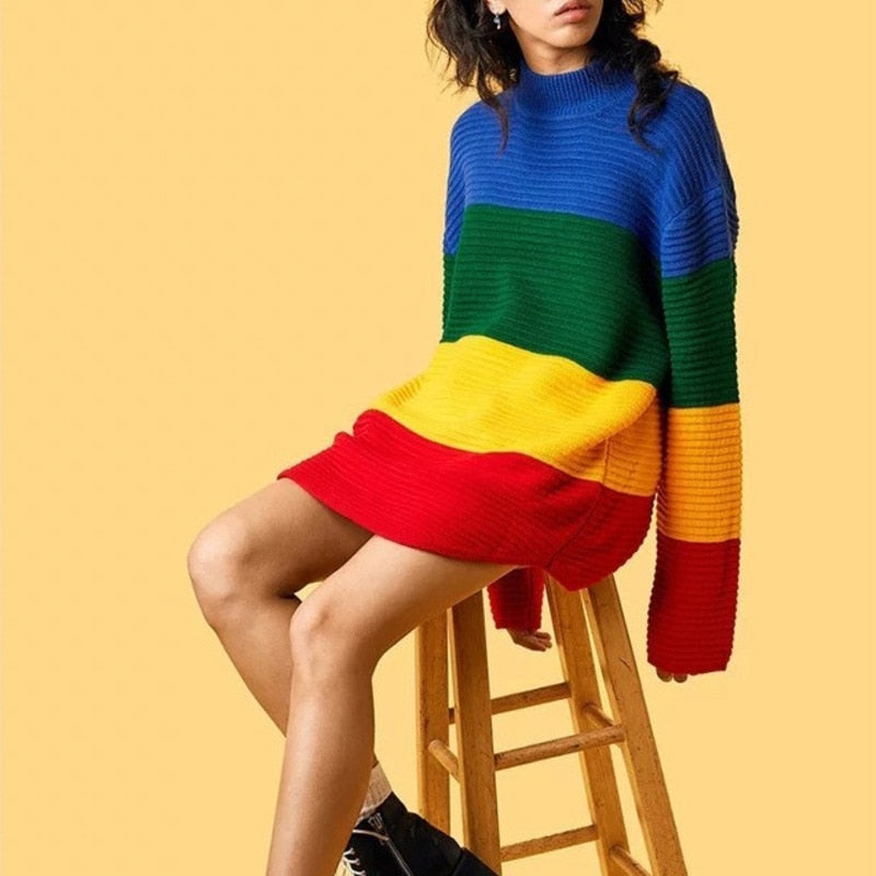 Loose Knitwear Full Sleeve High Collar Rainbow Pullover