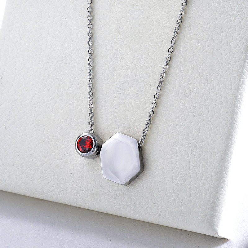 Fashion Silver Hexagon Geometry Charm With Red Zirconia Necklace For Women