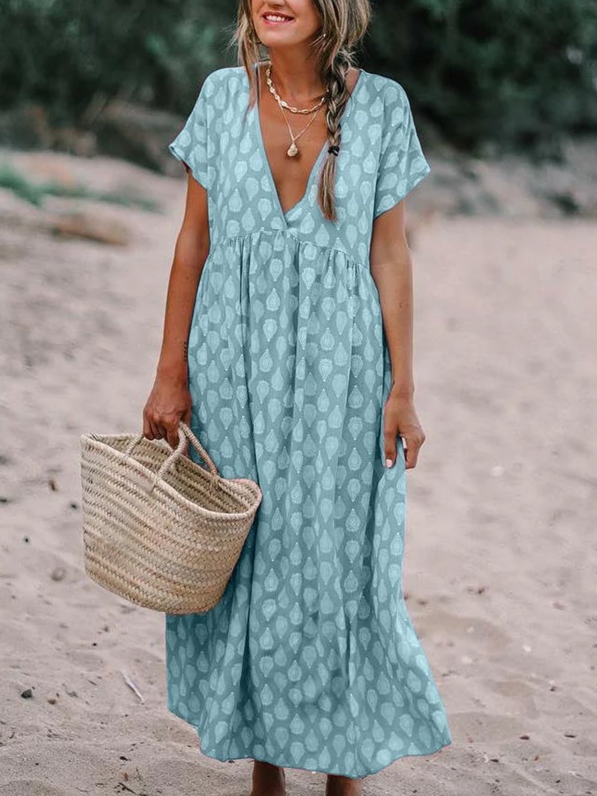 Plus Size Casual V Neck Short Sleeve Printed Dresses