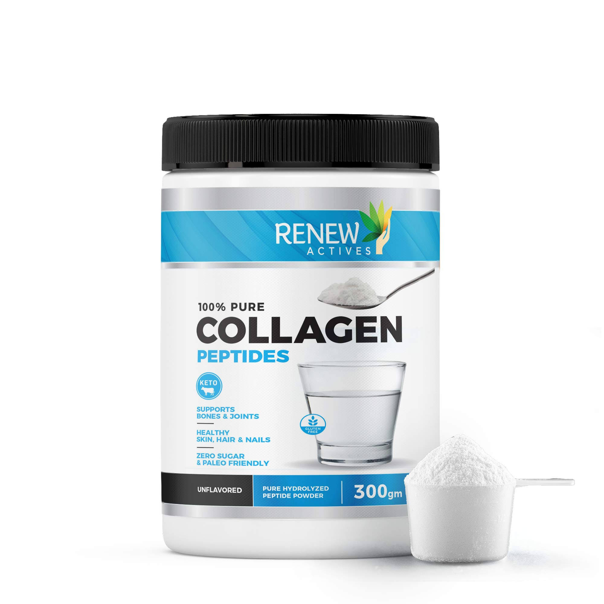 Hydrolyzed Bovine Collagen Peptides Powder: Renew Actives 100% Grass Fed Bovine Collagen - Unflavored Powdered Bone Broth Collag