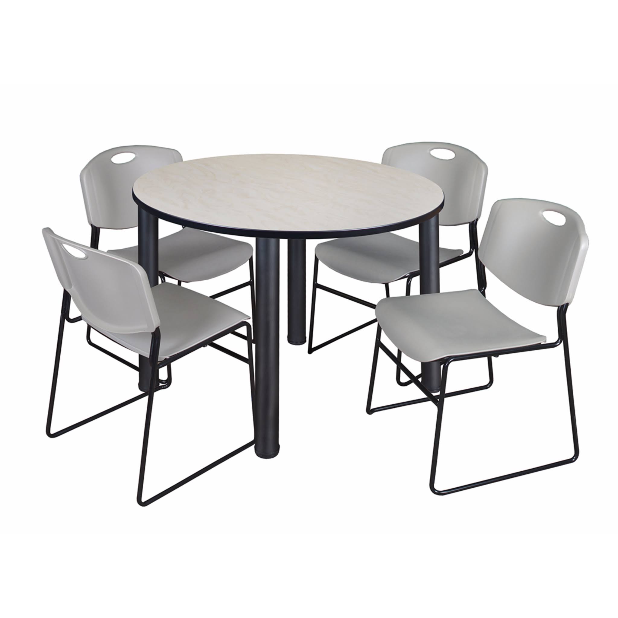 Regency Kee 48x22 Round Breakroom Table- Maple/ Black 4 Zeng Stack Chairs- Black